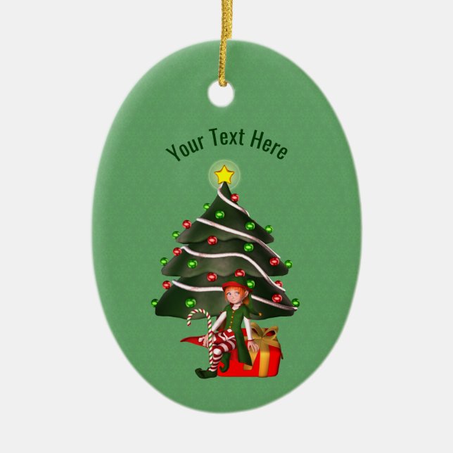 Cute Girl Elf Träd Helgdag Personlig Julgransprydnad Keramik (Framsidan)