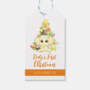 Cute Girl First jul Orange Elephant Baby Presentetikett