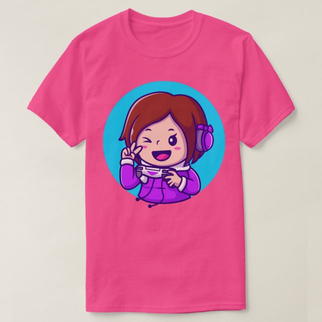 Cute Girl Gaming Holding Joystick with Hand Peace T Shirt (Design framsida)