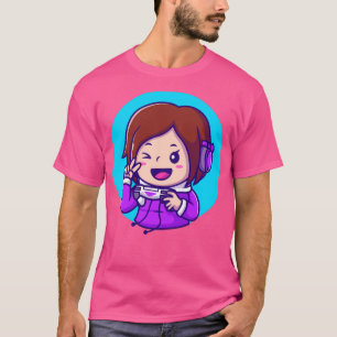 Cute Girl Gaming Holding Joystick with Hand Peace T Shirt
