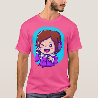 Cute Girl Gaming Holding Joystick with Hand Peace T Shirt