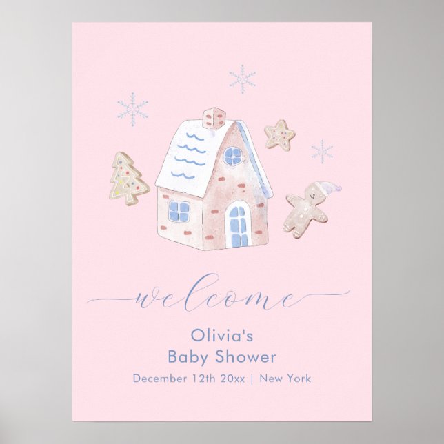 Cute Girl Gingerbread Village Baby Shower Welcome Poster (Framsidan)