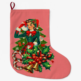 cute girl green dress holly candy canes Xmas art Stor Julstrumpa
