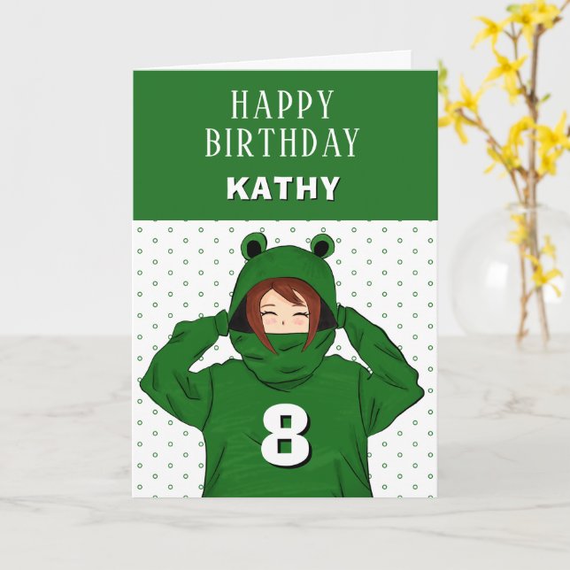 Cute Girl Grönt Frog Hoodie Teckning Birthday Kort (Gul blomma)