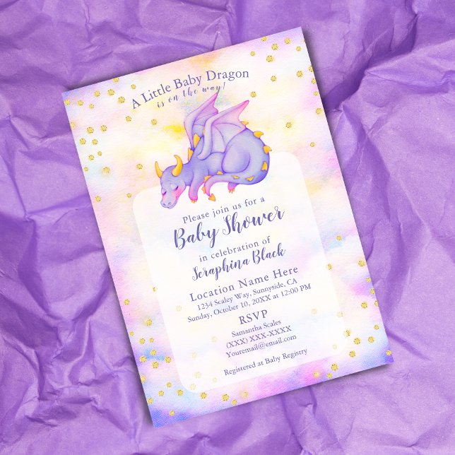 Cute Girl Guld Lila Dragon Baby Shower Inbjudningar (Skapare uppladdad)