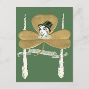 Cute Girl Guld Shamrock Shillelagh Vykort