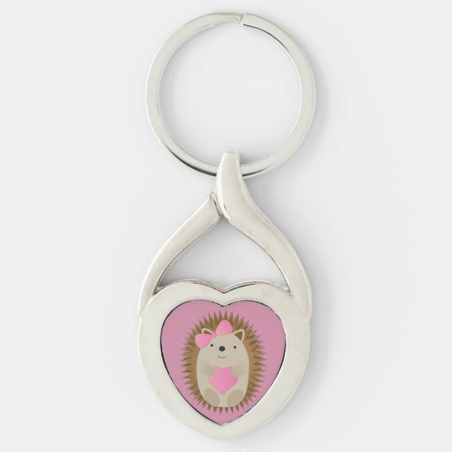 Cute Girl Hedgehog Twisted Heart Silverfärgad Nyckelring (Framsidan)