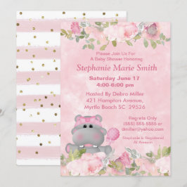 Cute Girl Hippo Rosa Blommigt Baby Shower Inbjudningar