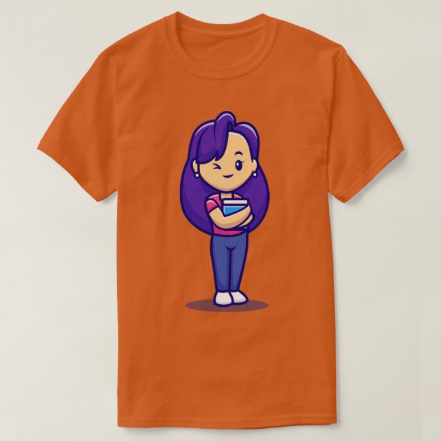 Cute Girl Holding Bok Tecknad T Shirt (Design framsida)