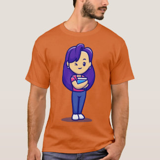 Cute Girl Holding Bok Tecknad T Shirt