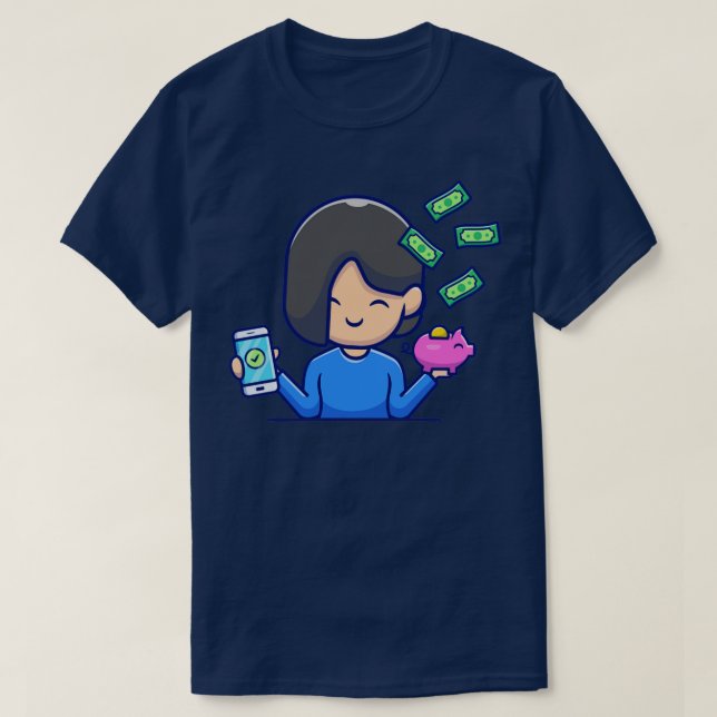 Cute Girl Holding Mobil and Piggy Bank med pengar T Shirt (Design framsida)
