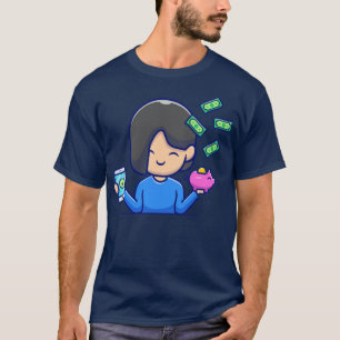 Cute Girl Holding Mobil and Piggy Bank med pengar T Shirt