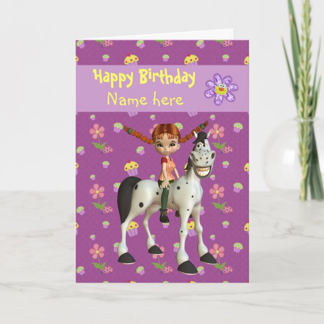 Cute Girl, Horse & Flowers Personlig Birthday Kort (Framsida)