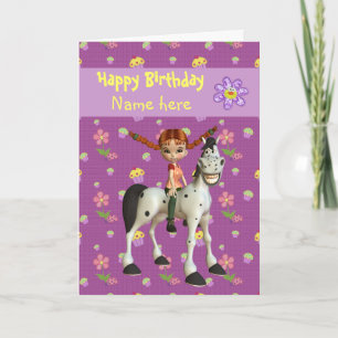 Cute Girl, Horse & Flowers Personlig Birthday Kort