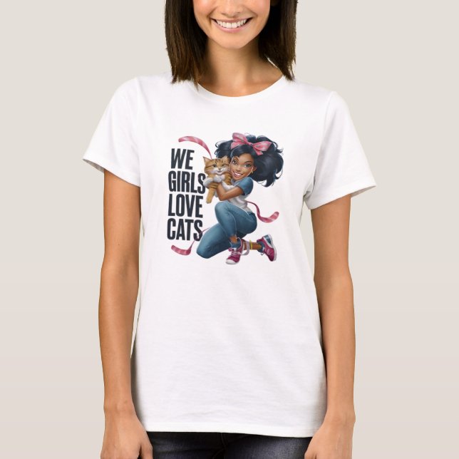 Cute Girl Hugging Ginger Cat T Shirt (Framsida)