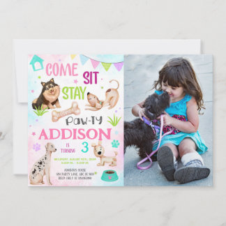 Cute Girl Hund Birthday Pawty Photo Inbjudningar