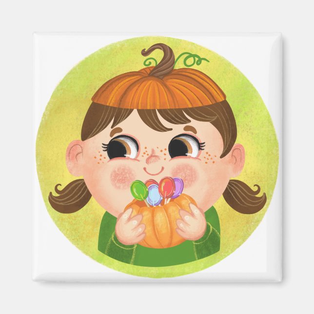 Cute Girl in a Pumpkin Halloween costume Magnet (Framsidan)