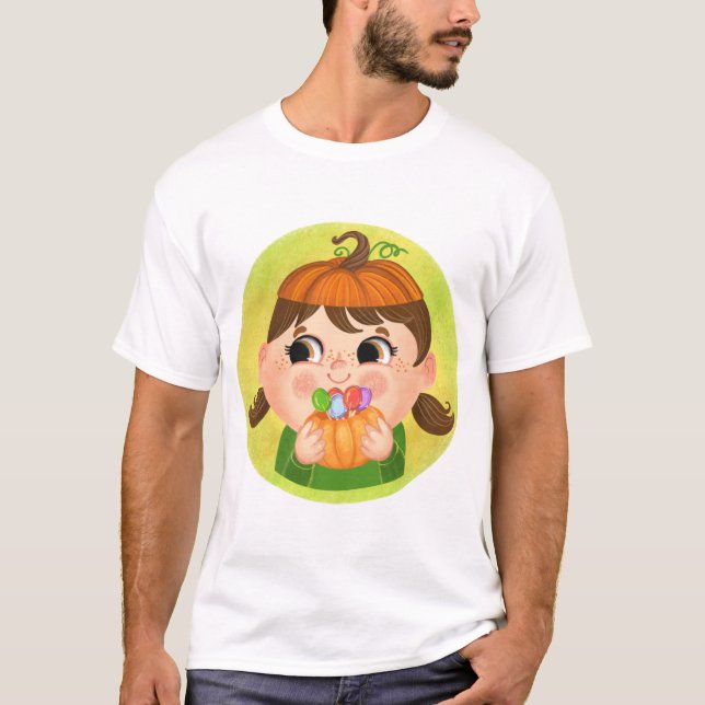 Cute Girl in a Pumpkin Halloween costume T Shirt (Framsida)