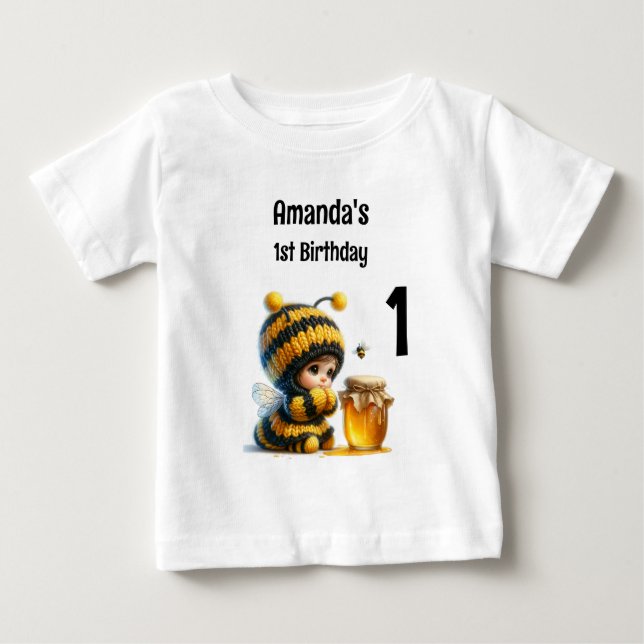 Cute Girl in Bee Costume with honey 1 Birthday T Shirt (Framsida)