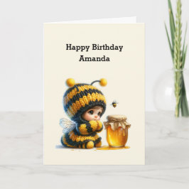 Cute Girl in Bee Costume with honey Birthday Kort
