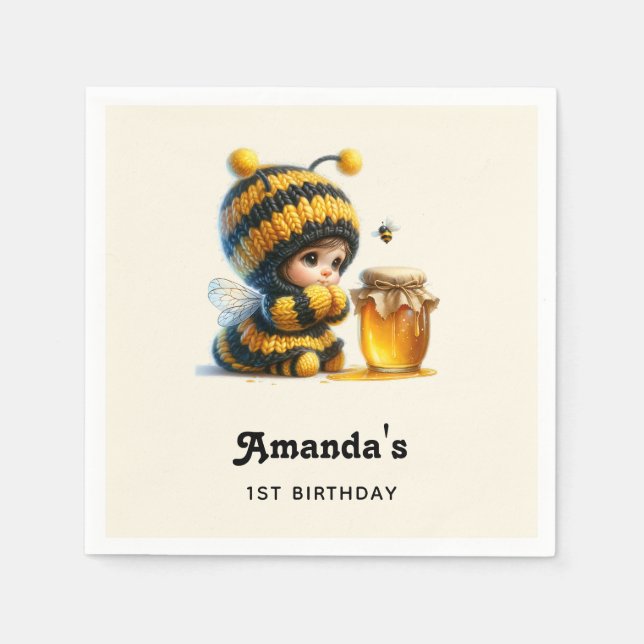 Cute Girl in Bee Costume with honey Birthday Pappersservett (Framsidan)