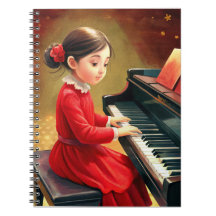 Cute Girl in red dress play piano
