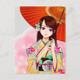Cute Girl in Rosa Blommigt Kimono with Red Umbrell Vykort