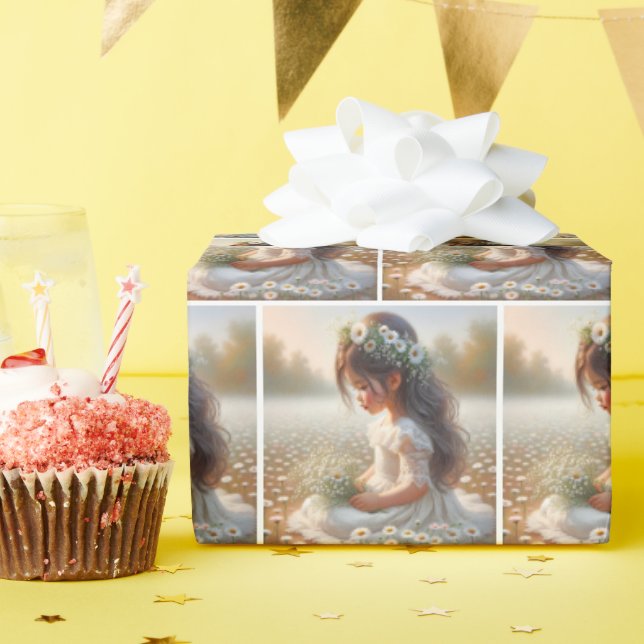 Cute Girl in Snöre Dress with Daisys Presentpapper (Födelsedagsfest)