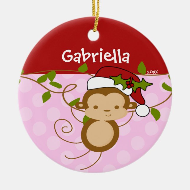 Cute Girl jul Ornamet Monkey Rosa Red Julgransprydnad Keramik (Framsidan)