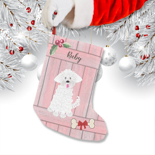 Cute Girl Maltese Rosa Wooden Fence Monogram Liten Julstrumpa