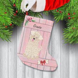 Cute Girl Maltipoo Rosa Wooden Fence Monogram Liten Julstrumpa