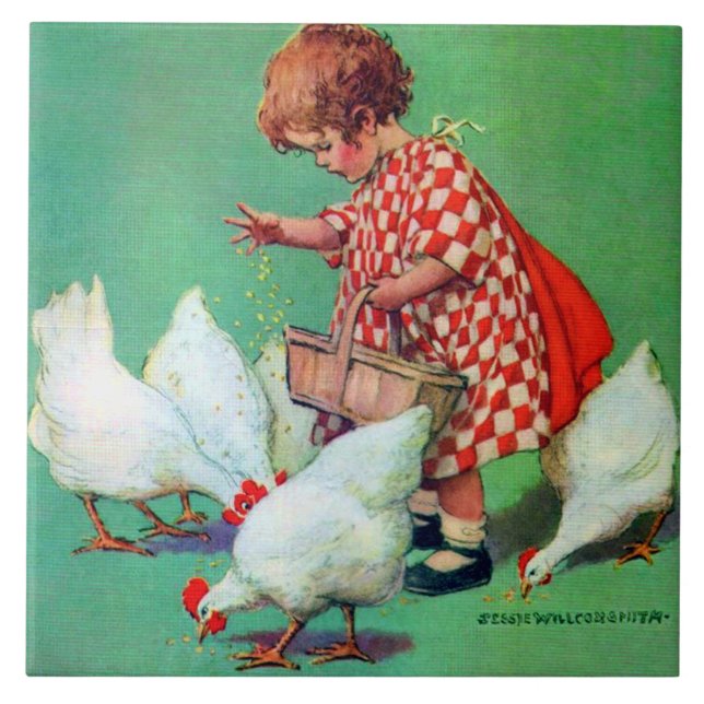 Cute Girl Matar höns av Jessie Willcox Smith Kakelplatta (Framsidan)