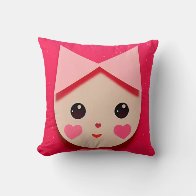 Cute Girl med Bow med Cute Hearts Ansikte Kudde (Framsida)
