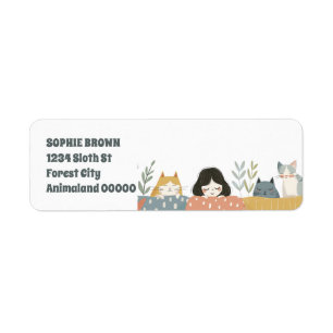 Cute Girl med Cats Whimsical Returadress Etikett