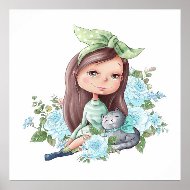Cute Girl med Grått Cat Flowers Poster (Framsidan)