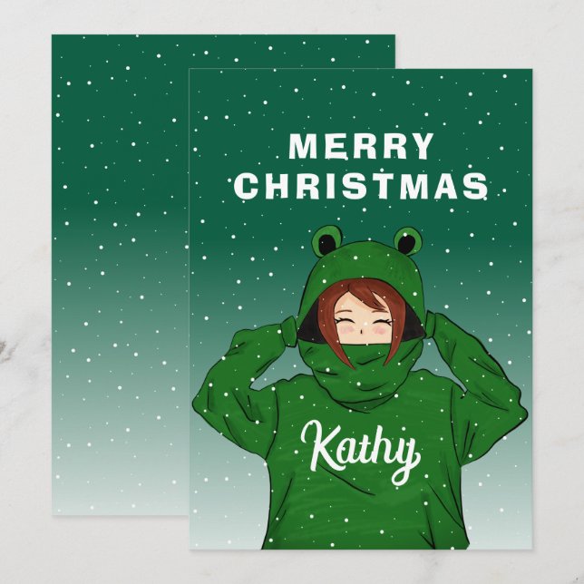 Cute Girl med Grönt Frog Hoodie Teckning jul Julkort (Fram/baksida)