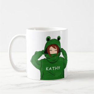 Cute Girl med Grönt Frog Hoodie Teckning Kaffemugg