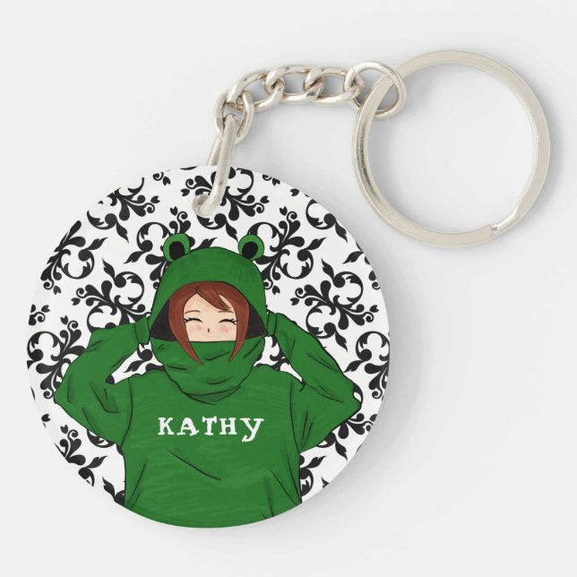 Cute Girl med Grönt Frog Hoody Teckning (Baksidan)