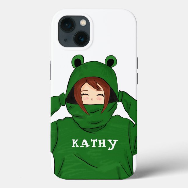 Cute Girl med Grönt Frog Hoody Teckning (Baksida)