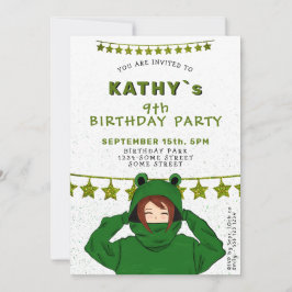 Cute Girl med Grönt Frog Hoody Teckning Birthday I Inbjudningar