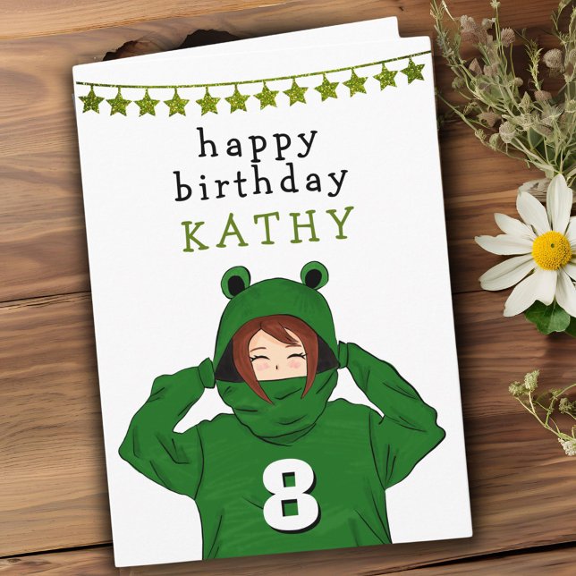 Cute Girl med Grönt Frog Hoody Teckning Birthday Kort (Skapare uppladdad)