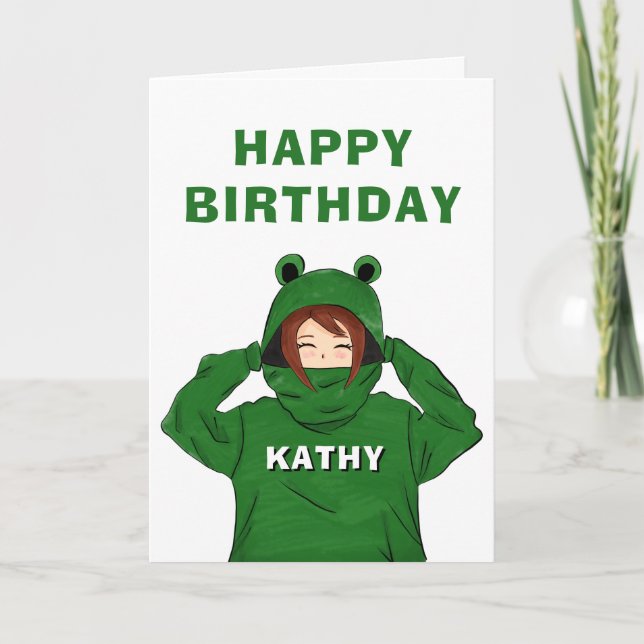 Cute Girl med Grönt Frog Hoody Teckning Birthday Kort (Framsida)