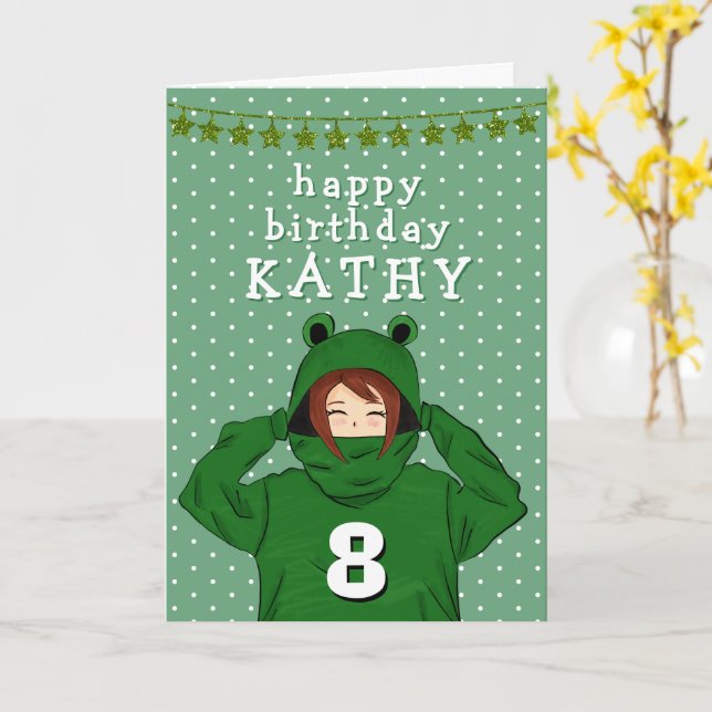 Cute Girl med Grönt Frog Hoody Teckning Birthday Kort (Gul blomma)
