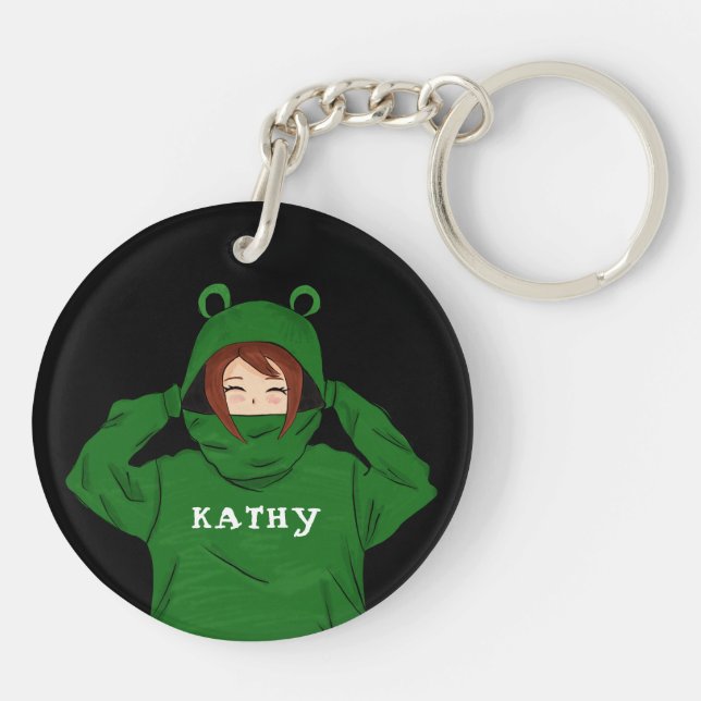 Cute Girl med Grönt Frog Hoody Teckning Black (Baksidan)