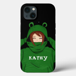 Cute Girl med Grönt Frog Hoody Teckning Black