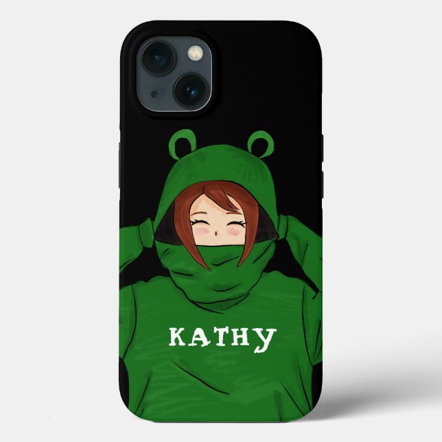 Cute Girl med Grönt Frog Hoody Teckning Black  (Baksida)