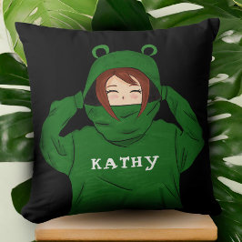 Cute Girl med Grönt Frog Hoody Teckning Black Namn Kudde