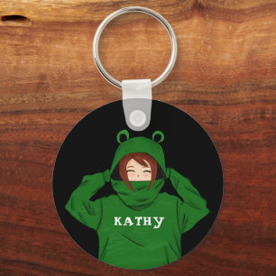 Cute Girl med Grönt Frog Hoody Teckning Black Nyckelring