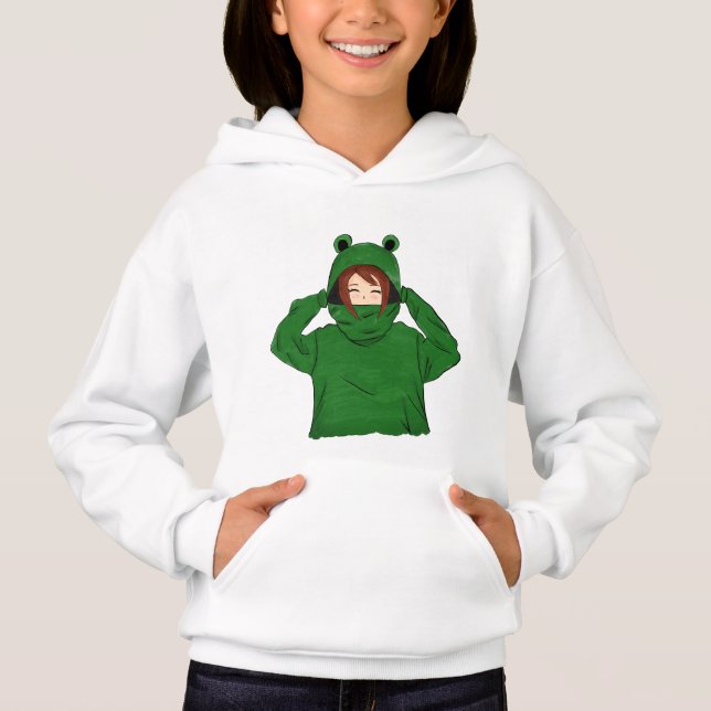 Cute Girl med Grönt Frog Hoody Teckning Hoody T Shirt (Framsida)