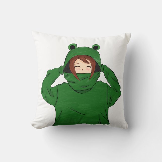Cute Girl med Grönt Frog Hoody Teckning Kudde (Framsida)